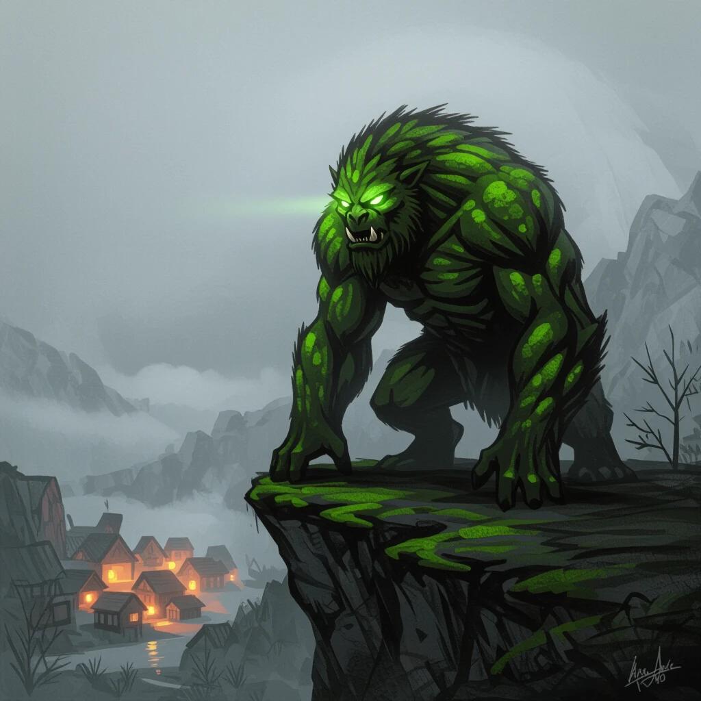Rough charcoal drawing of a hulking moss-covered beast crouched on a cliff. Eyes glowing faintly through dense fog. Village below glows with lantern light. Heavy lines and textured strokes create a hand-drawn atmosphere with raw emotion. High contrast between the beast and the peaceful valley.
