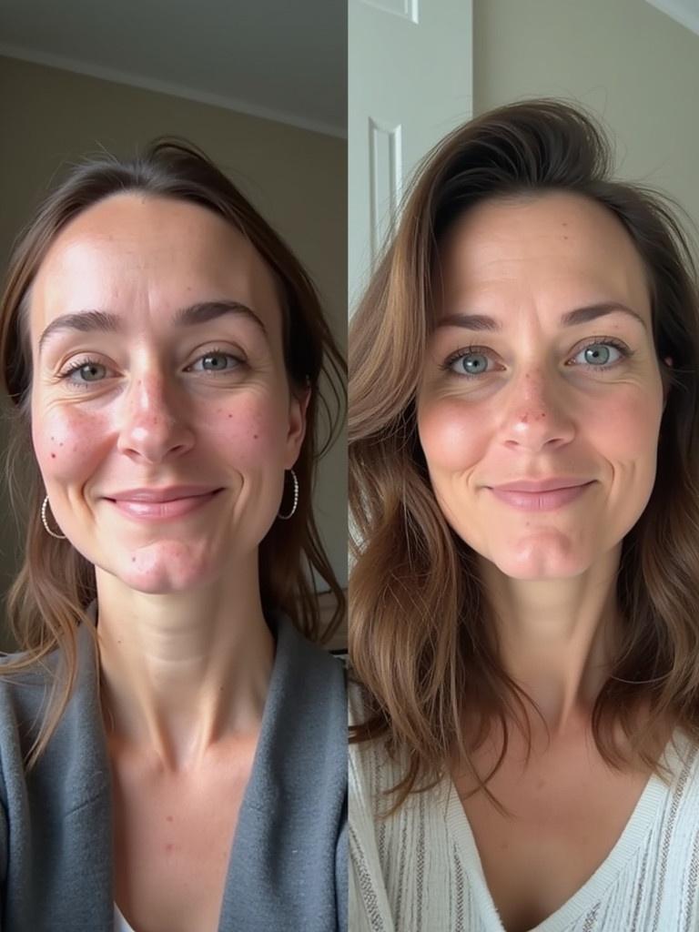 Generate a side-by-side image comparison. On the left medium-aged woman taking casual selfie with phone's front camera. She is slightly looking to the side. Woman has visible acne marks and dull hair with simple outfit. On the right same woman taking another selfie on different day. Improved facial skin with no acne marks and shinier hair. Clothing differs from left to signify different day.