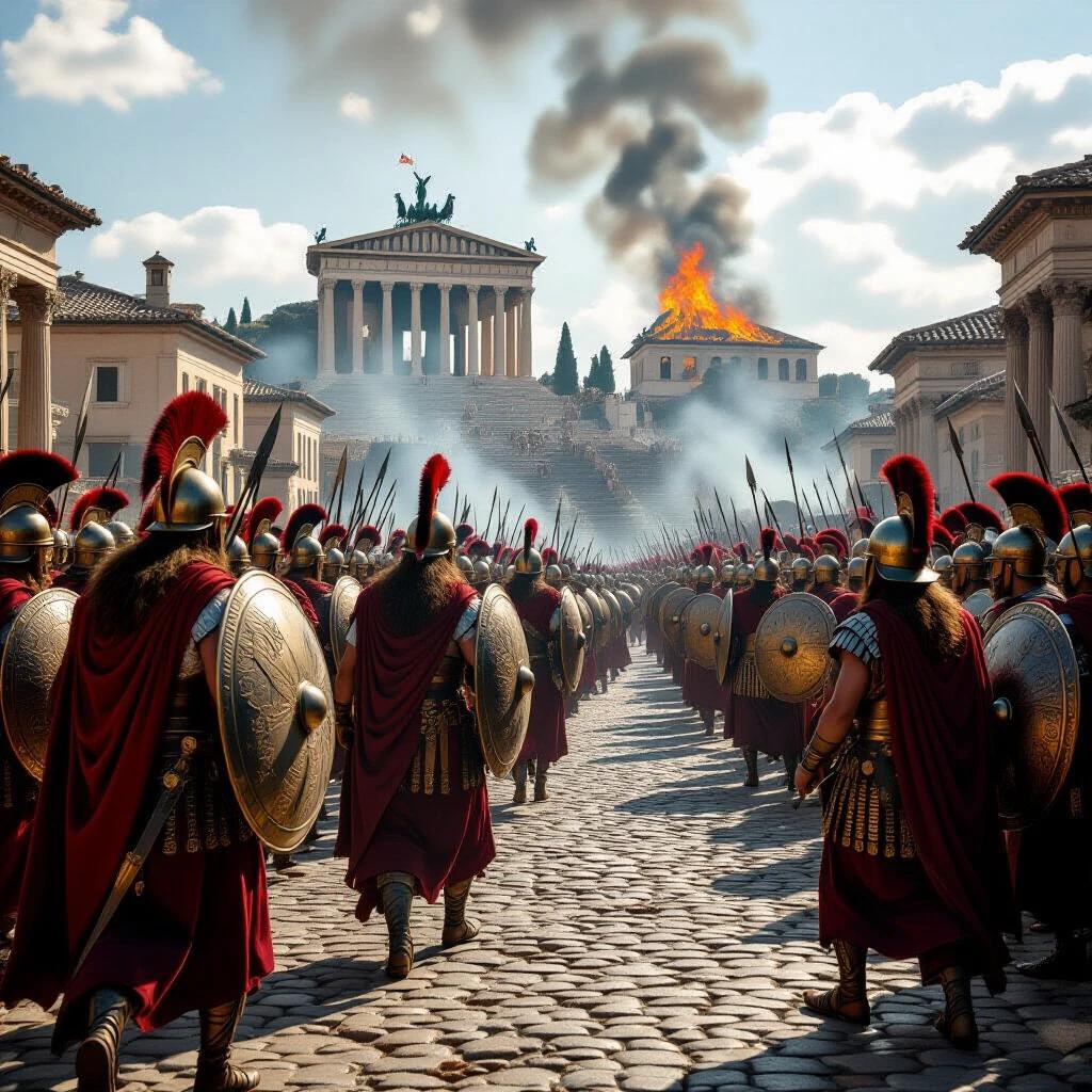 Hyperrealistic image of Celtic warriors entering Roman forum led by chieftain Brennus. Roman senators huddle on Capitoline Hill. Flames burn rooftops of nearby houses. War chariots are visible in distance. Tiber River reflects flames. Sacred geese honk warnings. The scene captures chaos and tension of ancient battle.