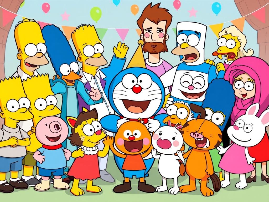 This vibrant image showcases a lively gathering of cartoon characters from various well-known animated universes. The scene is set at a cheerful party, with colorful decorations and balloons in the background. The characters are interacting joyfully, conveying a sense of unity and fun, despite originating from different shows.