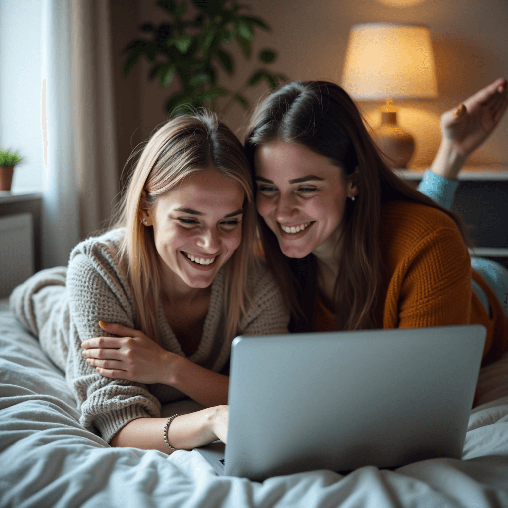 Two women laughing together while looking at a laptop in a cozy bedroom setting.