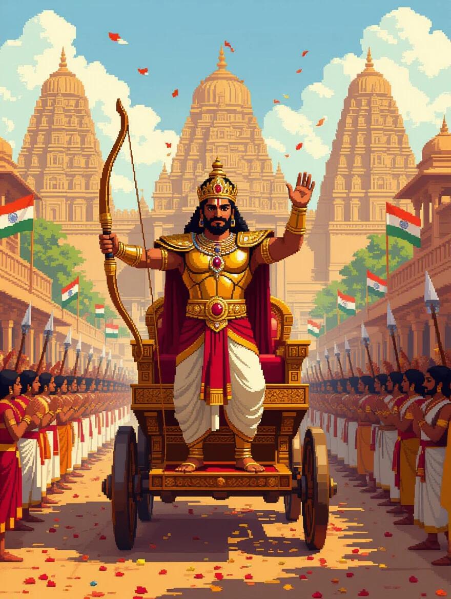 Majestic pixel art scene depicting Karna as King of Anga on a royal chariot. Karna wears golden armor and a red dhoti, holds a bow, and greets citizens. Soldiers follow with spears and flags. Background features sandstone palace towers, temple gopurams. Citizens shower flowers. Warm evening lighting, heroic tone.
