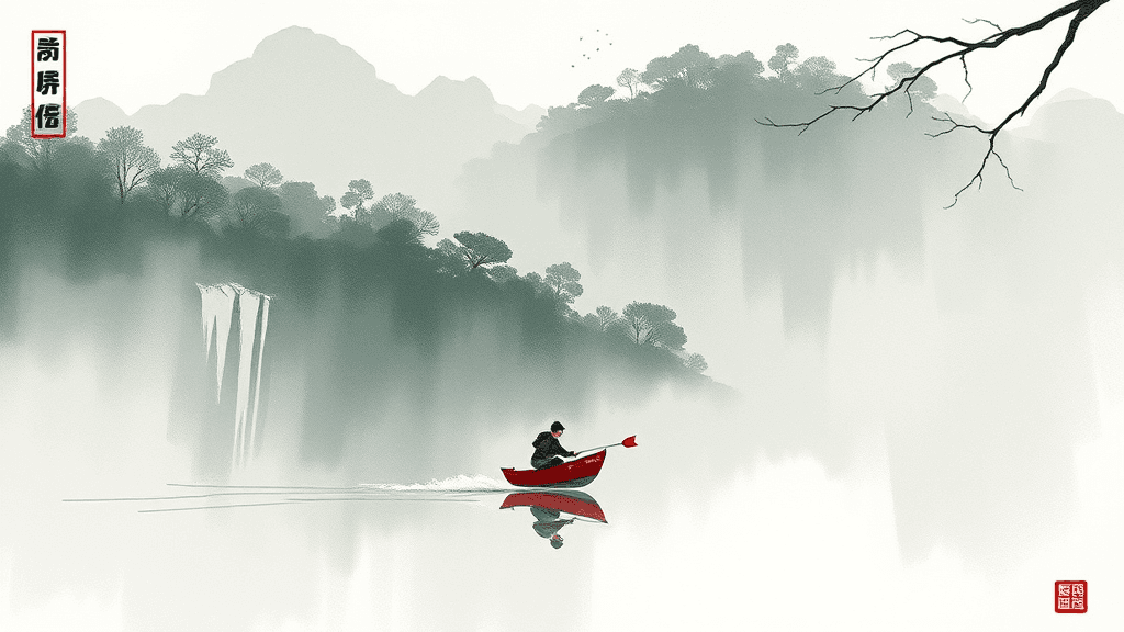 A person in a red canoe paddles through misty waters, surrounded by mountains and trees.