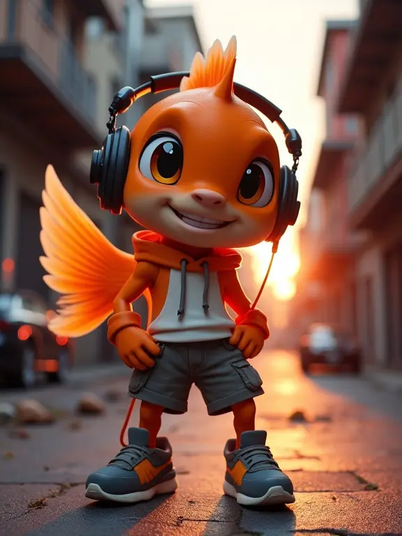 Humanoid cartoon character with fish features stands in a dance pose. He wears a cropped hoodie, cargo shorts, and chunky sneakers. Scene set in a gritty urban alley at sunset with neon reflections on the ground.