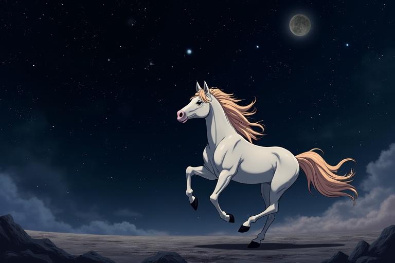 A cosmic scene with a palomino horse running across a starry night sky with planets in the background