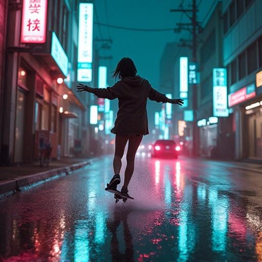 A female skateboarder performs a 360 flip in a neon-lit Tokyo alley under heavy rain. Water droplets spray from the board. Neon signs reflect on the wet asphalt. The scene has motion blur in the background. The atmosphere is gritty and urban.