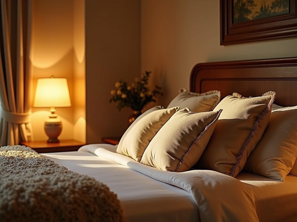 The image depicts a warmly lit bedroom with an inviting ambiance. The bed is adorned with several plush pillows, and a soft, textured blanket neatly arranged at the foot. A cozy lamp on the bedside table casts a gentle glow, enhancing the comfort of the room. The decoration suggests a space designed for relaxation and rest.