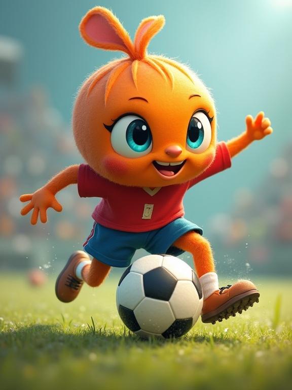 Cartoon creature with a round body plays soccer. The character has orange fur. The character is wearing a red shirt and blue shorts. Creature smiles while dribbling a soccer ball on a grass field. Bright background with cheering blurred crowd.