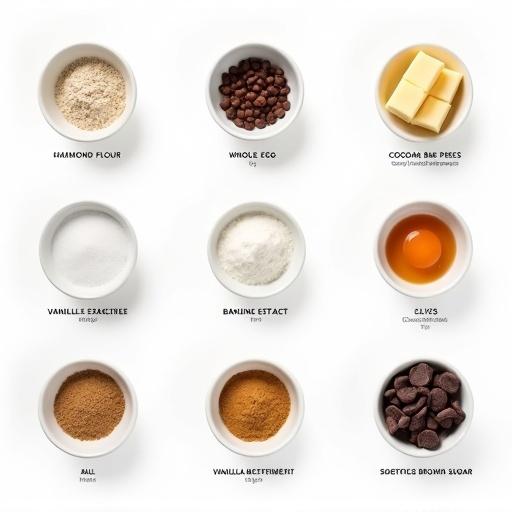 High-resolution flat image of ingredients for Vegan Keto Cheese Lasagna placed in small white bowls on a pure white background. The ingredients include almond flour cocoa butter pieces whole egg vanilla extract salt baking soda tapioca starch erythritol brown sugar and sugar-free chocolate chips. Each ingredient is clearly labeled with elegant text in a modern font. Bright clear design with even lighting no human elements.