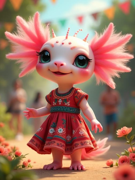 A joyful baby female axolotl character in vibrant 3D style. She has shiny big eyes and soft pink feathery gills. The character wears a colorful traditional Mexican dress with floral embroidery and small braids with ribbons. The setting is a sunny Mexican park, filled with flowers and colorful papel picado banners, with people in the background. The image conveys bright colors and a charming atmosphere.