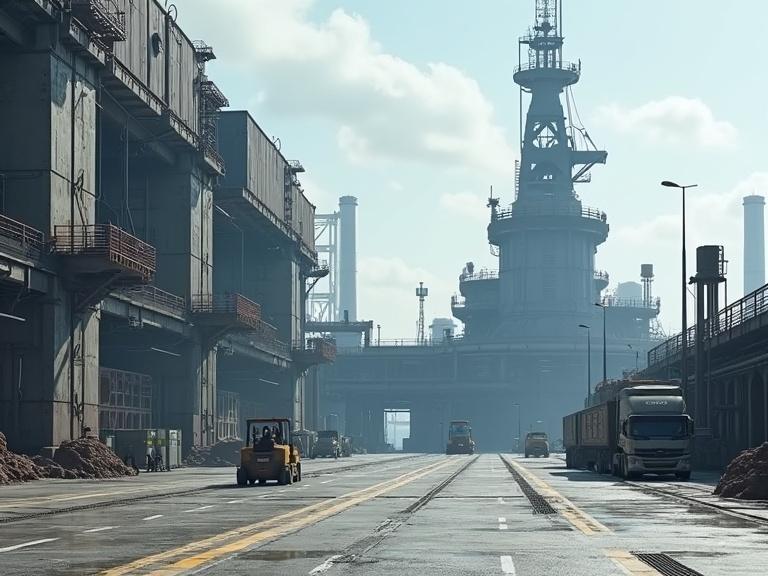 Ground angle view of a sci-fi shipyard with military base elements. Features include large metal towers, pipelines, metal steps, and construction pits. Displays activity of forklifts and trucks on roads. Showcases realism with shadows and textures under a sunny white blue sky.