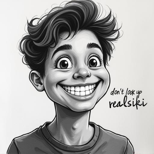 Illustration of a student with a large, shocking smile. T-shirt features text 'don't look up' surrounded by unrealistically styled face. Focus on a melancholic expression and low contrast in black and white tones.