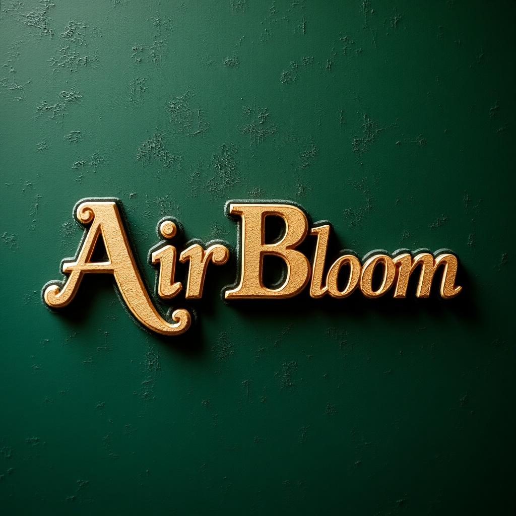 Decorative gold letter 'Air Bloom' embossed on a textured green background.