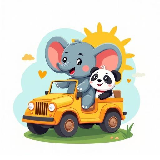 A colorful logo featuring a cute baby elephant and a smiling panda riding in a cartoon safari jeep. The design uses bright colors like yellow, green, and sky blue. It has a soft, playful style with rounded shapes. There are sunshine elements in the background and bold, bubbly text in pastel colors. The overall feel is joyful and perfect for toddlers.