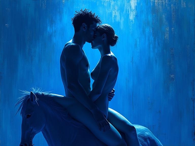 Surreal impressionist artwork features a naked couple riding atop a horse. The scene is dominated by vibrant blue textures and glowing blue light. Deep shadows create a dreamy and ethereal effect. Sharp details enhance the intimacy of the couple's embrace. The style reflects expressionist brushstrokes in a high-contrast composition.
