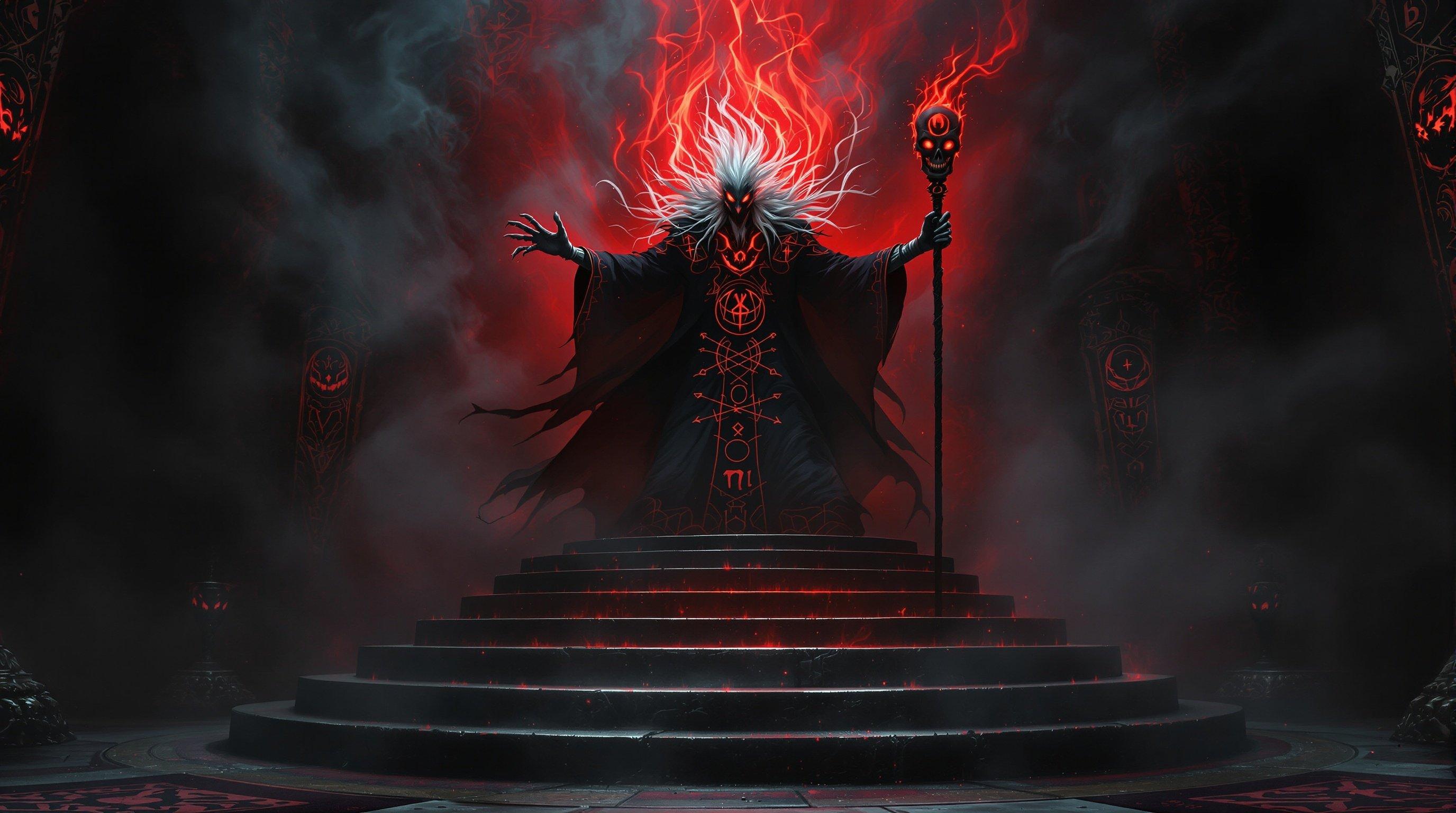 A dark palace chamber filled with black smoke. King Rudrasen and Queen Mriganjali stand wary. Kaljayi, the evil tantrik, stands atop a dais. He has wild white hair and glowing red eyes. His black robe is embroidered with mystical symbols. He holds a skull-topped staff radiating crimson light. The chamber features grotesque faces and glowing red runes. The atmosphere is tense and foreboding. A clash between light and darkness is about to unfold.