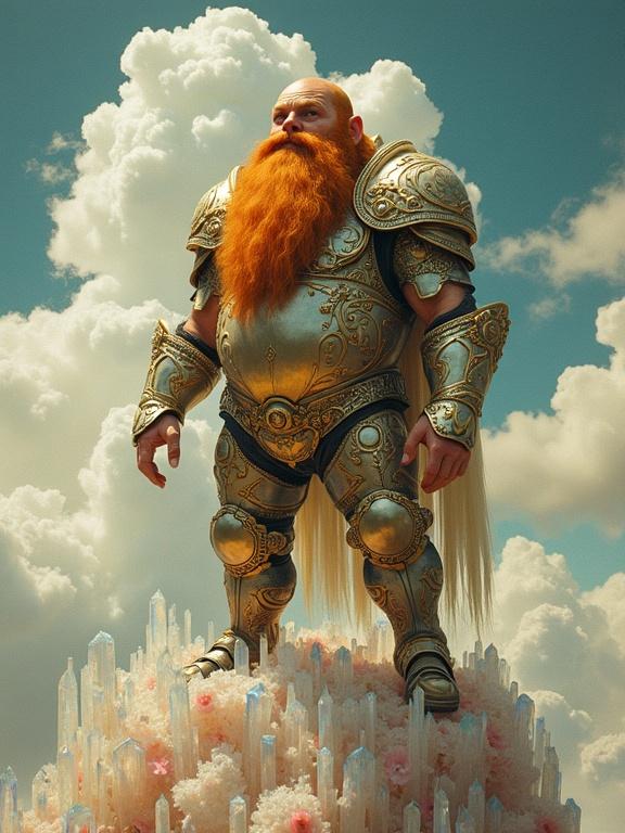A chubby dwarf with a flowing ginger beard stands in ornate Art Nouveau armor atop a crystal formation. The armor features floral motifs and patterns. The scene is lit with soft light, and the background shows stylized clouds in a fantasy setting.