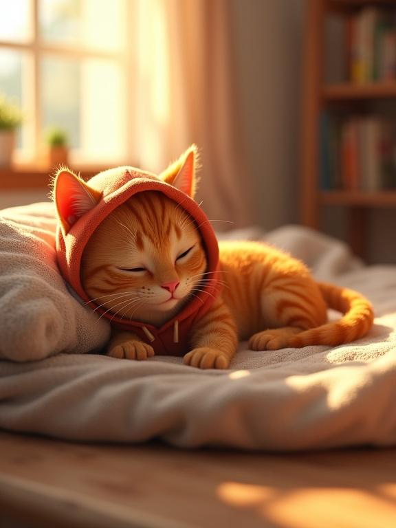 3D animated orange tabby cat in hoodie lying on a messy bed with a soft blanket during afternoon light in a cozy bedroom environment.