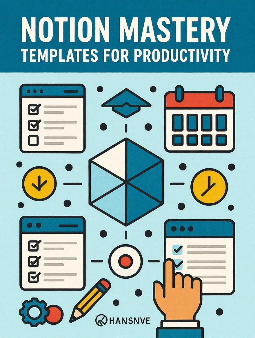 E-book cover titled 'Notion Mastery: Templates for Productivity' features simple icons like checklist, calendar, and database grid. Icons are arranged neatly with geometric patterns. The design conveys a sense of structure and order in flat graphics.