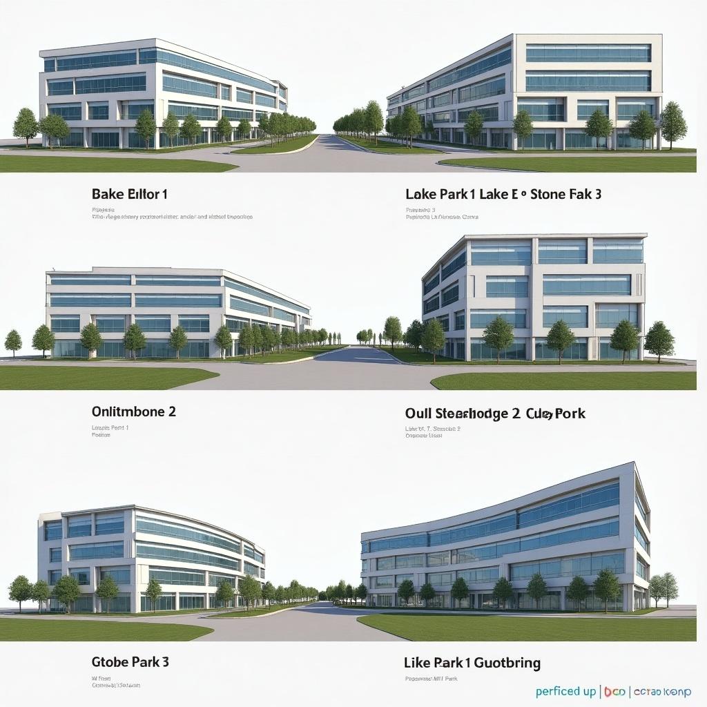 Rendering of buildings in a tech-savvy business park. Features six properties with names Lake Park 1, Lake Park 2, Lake Park 3, Stonebridge 1, Stonebridge 2, Stonebridge 3. Includes space for tenant names, specifically Nusano. Incorporates M.I.T. Management branding. Clean and modern appearance.