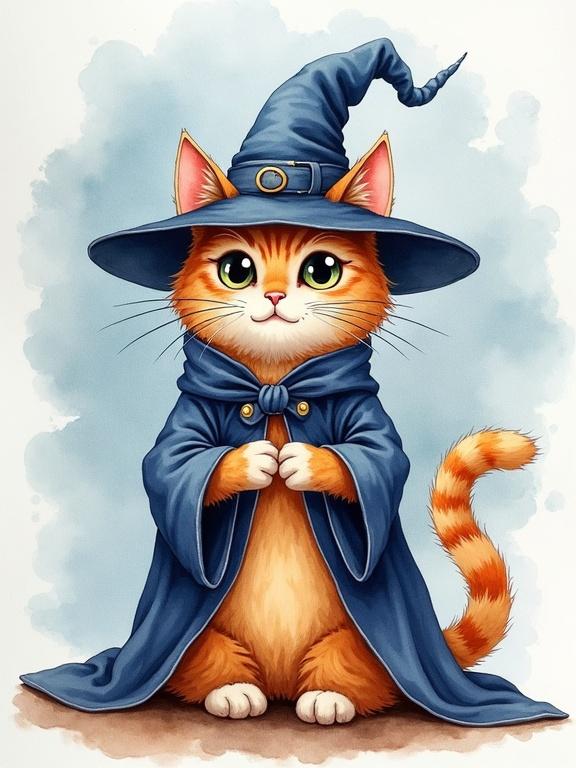 Watercolor painting of a wizard cat wearing a blue robe and hat. Cat has orange fur with a striped tail. Background is a soft blue color. Cat stands with paws together as if casting a spell.