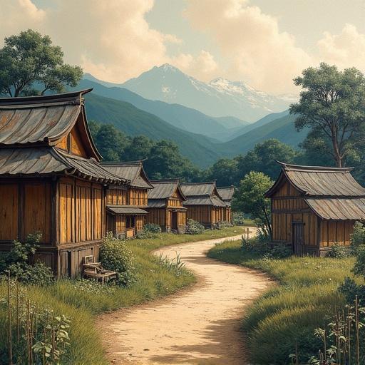 Landscape of a vintage village with wooden huts along a river. Abstract acrylic painting style featuring warm sunset. Japanese art influences in decoration ideas.