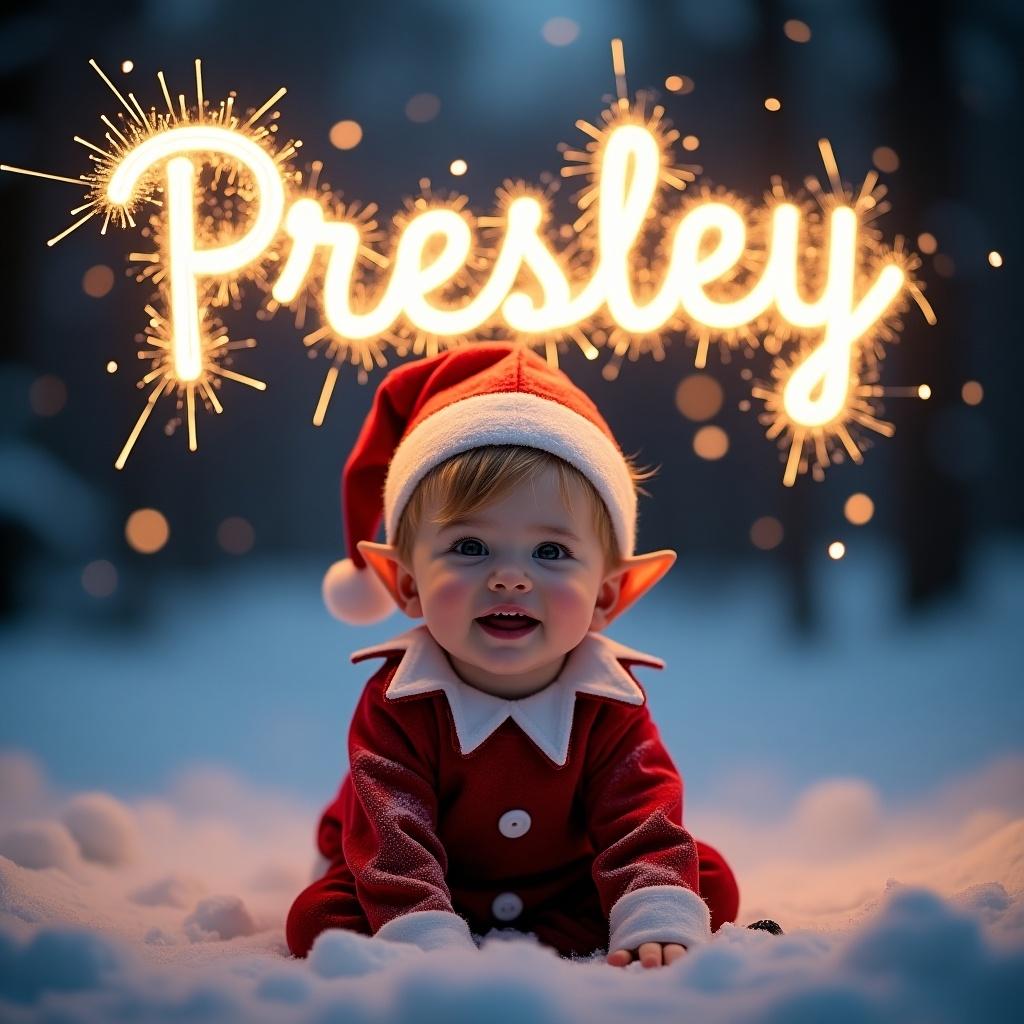 Image shows a baby boy in a snowy landscape at night. Sparklers spell 'Presley' above him. Snowflakes fall in the background. Cheerful elf expression conveys Christmas spirit. Vibrant colors of red, white, blue. Evokes nostalgia and joy in festive season.