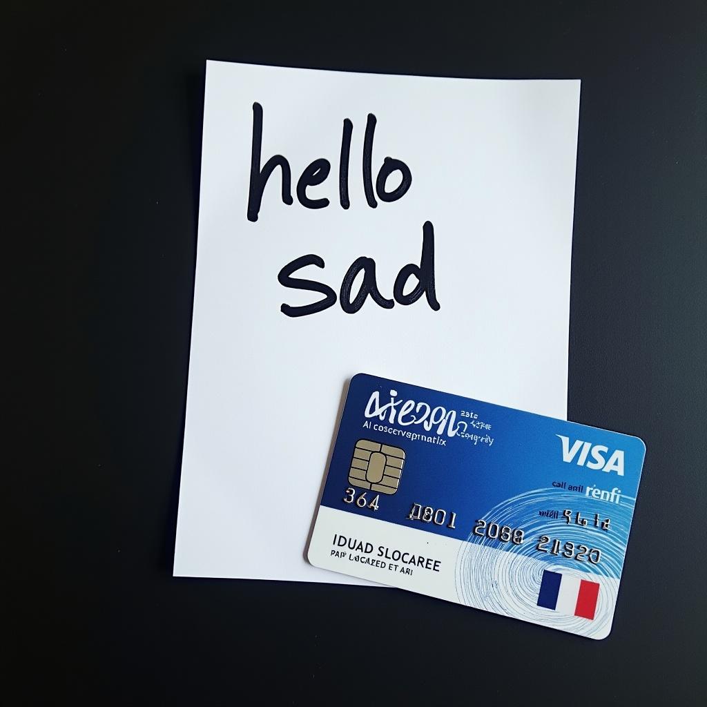 French national identity card on dark surface. White paper underneath. Handwritten message says hello sad. ID card features blue and white colors. Clear contrast between card and paper.