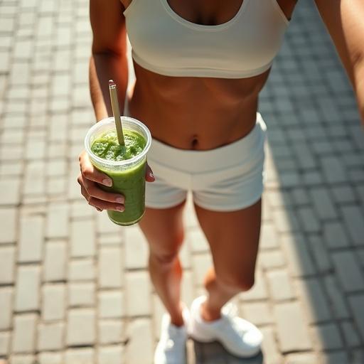 Ultra-realistic top-down photo. Fit athletic woman outdoors. Tiled stone pavement. White sports bra and high-waisted shorts. Holding large iced matcha green tea. Toned abs and tanned skin. Warm sunlight. White athletic sneakers. Sharp natural shadow. Photorealistic lighting and textures. Instagram fitness lifestyle look.