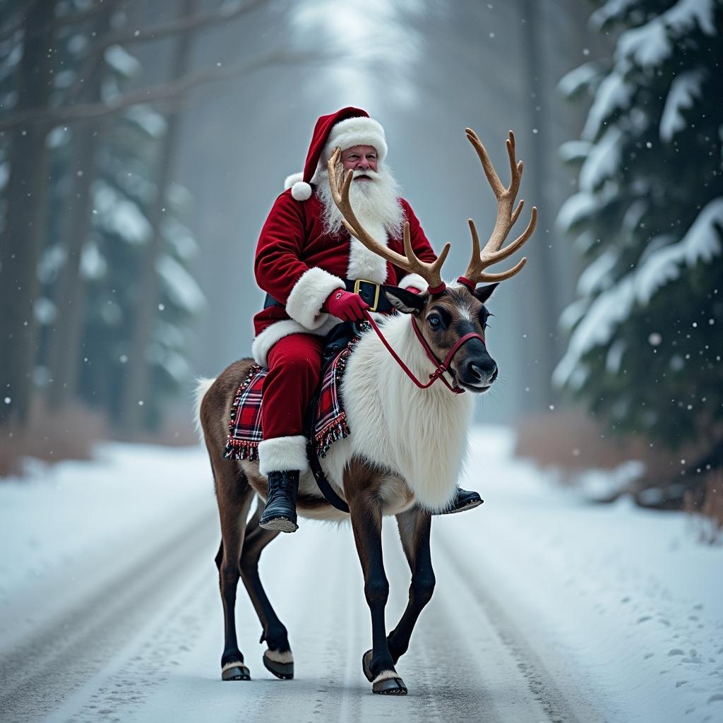 Santa Claus rides a reindeer along a snow-covered forest road. Trees are lined with snow. Snowflakes gently fall from the grey sky. Santa is dressed in traditional red and white attire.