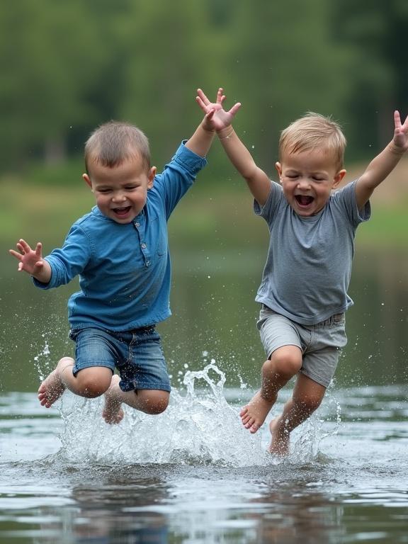 Two toddlers are mid-air above the river. They have arms outstretched. Their expressions show surprise. They are positioned right above the water, capturing the moment before they splash down.