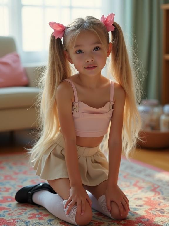 A child with long blonde twin tails wearing pink bows kneels on a colorful rug in a living room. She wears a crop top and a pale skirt with lace socks and black shoes. Soft ambient light illuminates the space.