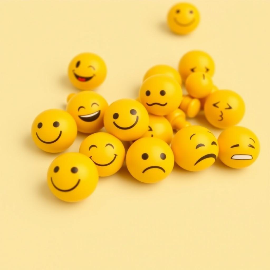 A collection of yellow emoji spheres displaying various expressions on a light yellow background.