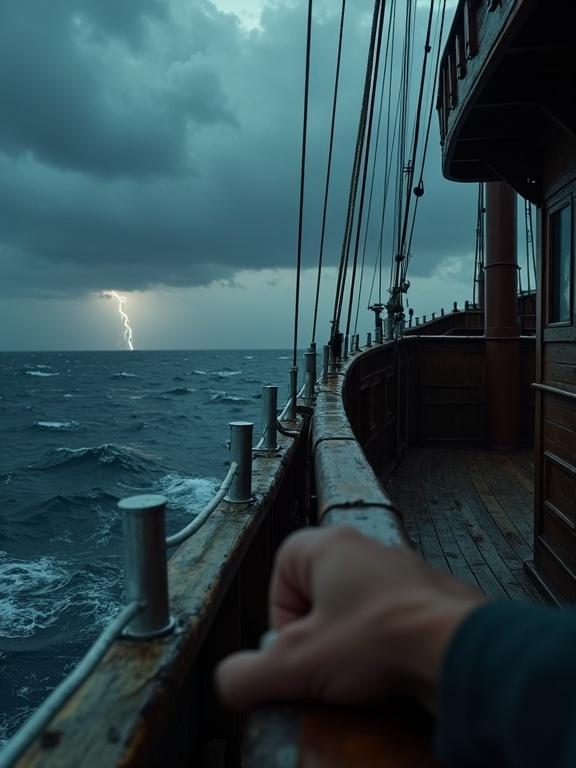 View of horizon from ship's deck. Hands gripping railing. Weathered wood railing. Old ship texture visible. Darkening sky. Lightning in distance. Choppy sea. Heavy air feel.
