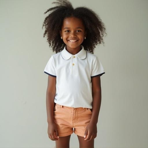 Young Indian girl wearing a white shirt and shorts. She is smiling and has curly hair. Simple background with soft lighting.