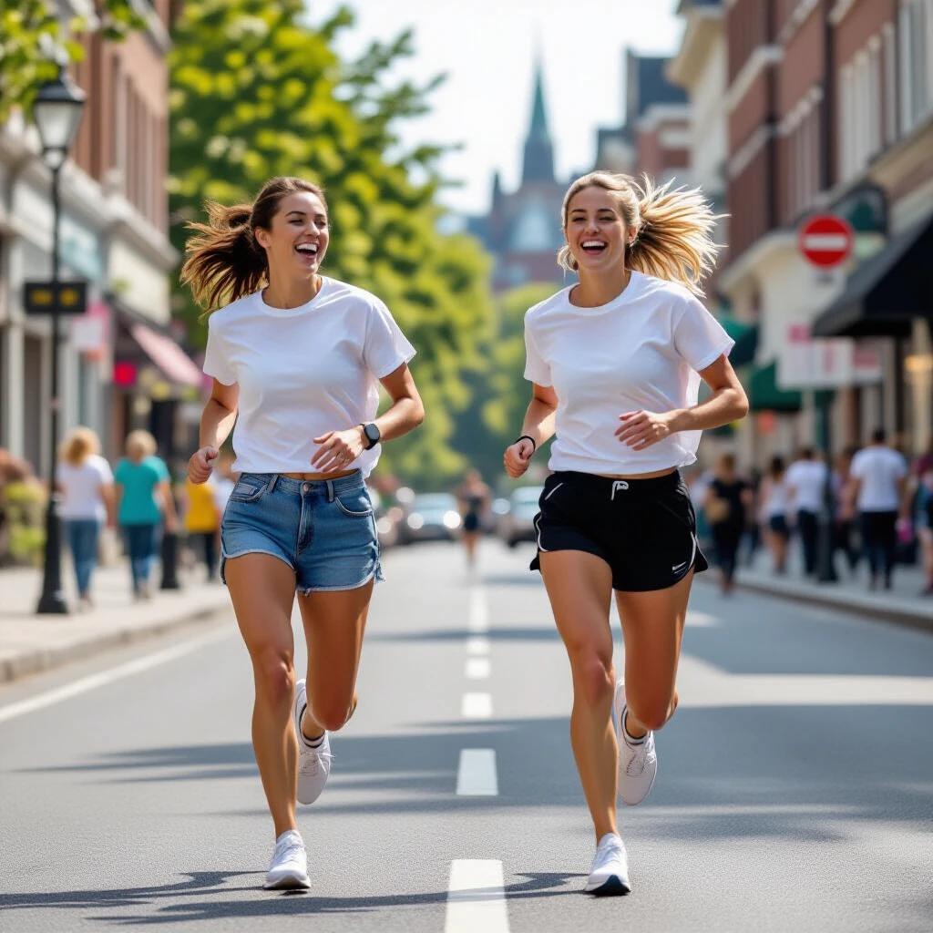 Two women run down a street wearing shorts and loose t-shirts. They wear white trainers. They laugh as they run. It is a sunny day.