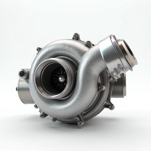 High quality 3D render showcasing a car turbocharger component. Turbocharger displayed with detailed textures and finishes.