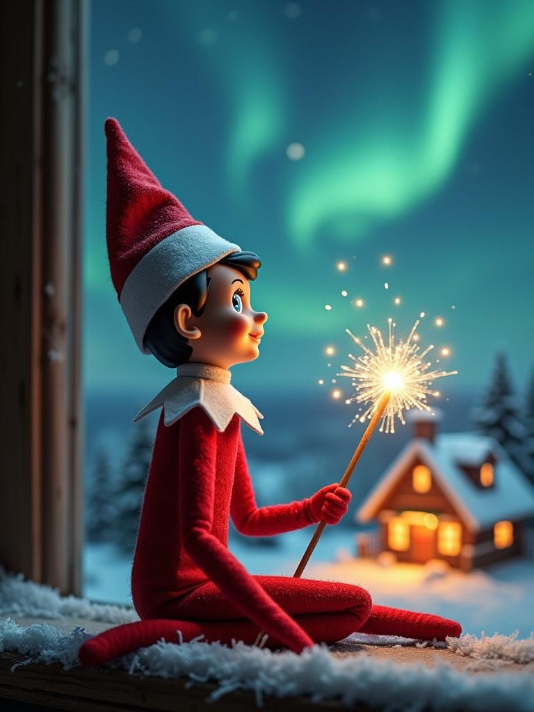 Elf on the shelf sits gazing skyward. Elf holds glowing wand that emits sparkles. Background shows a picturesque Christmas scene with northern lights. A cozy house is visible in the distance decorated for the holidays. Snow blankets the ground creating a serene winter atmosphere. Elf embodies playfulness and wonder.