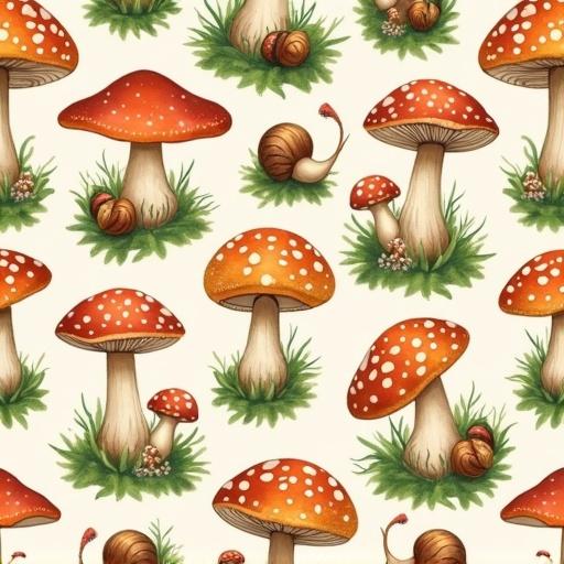 Seamless repeatable pattern of hand-drawn mushrooms, moss patches, tiny snails, and acorns. Natural colors of rust, moss green, beige, and cream. Transparent background. Forest fantasy vibe.