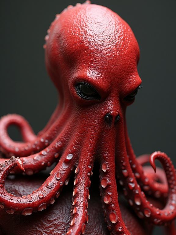 Photo realistic representation of a human-octopus hybrid. The creature has red skin and tentacles. Focus on intricate details and textures in the skin.