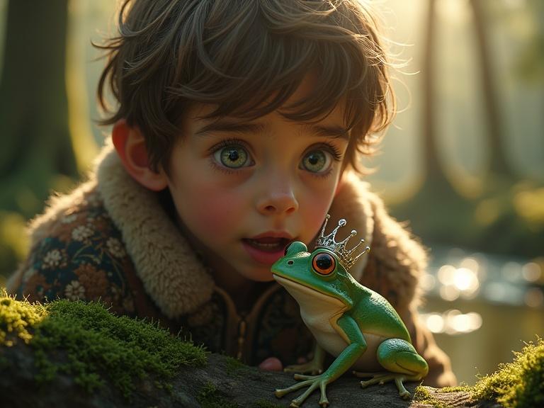 Cinematic portrait featuring a young prince discovering his wedding arrow in a mystical swamp. Richly textured cloak and fur-lined collar. Magical atmosphere with a frog wearing a silver crown beside the arrow. Surrounded by tall reeds and ancient trees. Golden-hour light creating a magical ambiance.