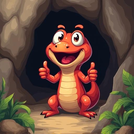 Create a cartoon image of a happy salamander coming out of a cave. The salamander is giving a thumbs up.