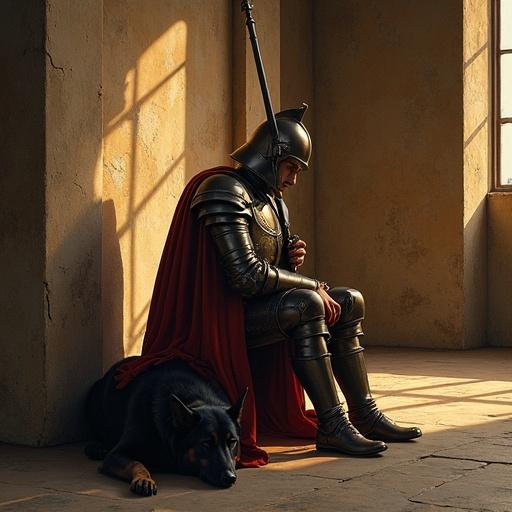 Nostalgic realistic painting of a Winged Hussar Polish knight sitting wearily in a castle great hall. Setting sun casts long shadows in the room. Lance rests beside him leaning against the wall. Sleek black German Shepherd rests peacefully at his feet. Intricate armor details with warm lighting. Detailed fur on the dog. Mood of quiet exhaustion and dignified melancholy.