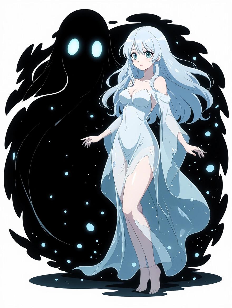 High-resolution 2D anime-style illustration features a female ghost character. She has a voluptuous figure and an elegant appearance. The ghost's body is semi-transparent and glows softly. Long flowing hair floats as if underwater. Wears a translucent gown that is torn yet graceful. Eyes are large, glowing, and convey calmness. Surrounding her are floating particles and soft aura against a black background. Only flat cel-shading style used. Designed for sublimation printing with high clarity.