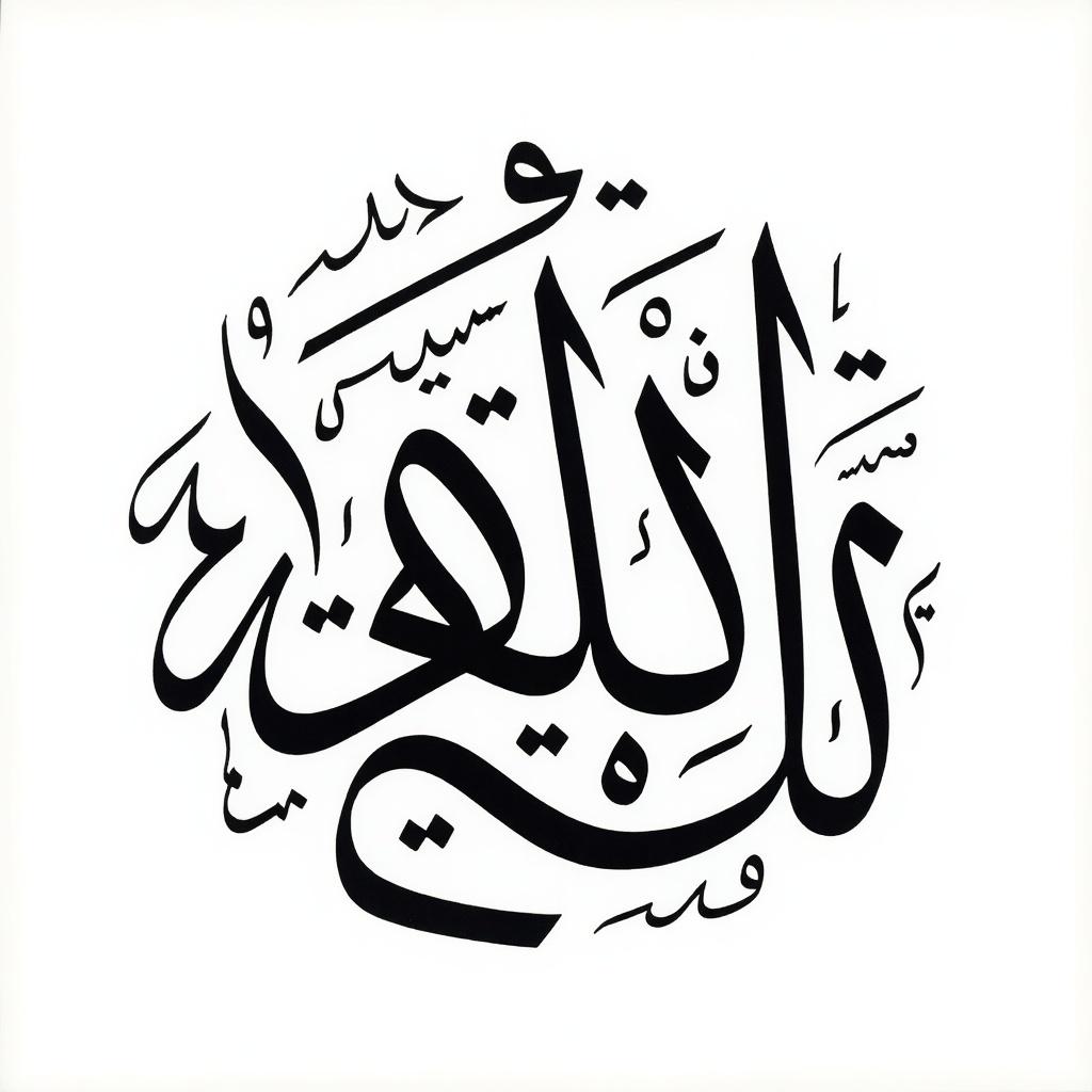 This image features intricate Arabic calligraphy skillfully arranged in a circular design. The text is depicted in an elegant black font against a stark white background. The curves and lines reflect traditional Arabic artistry, creating a captivating piece. It can be a decorative item in various settings and utilized in digital media.