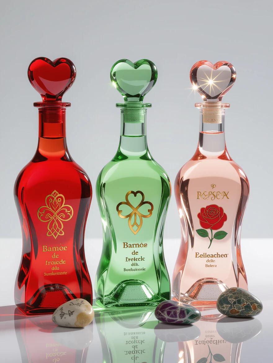 Three special transparent bottles are displayed. One bottle in red has a heart-shaped cap. Another bottle in green features a lucky clover-shaped cap. The last bottle is pink with a beauty rose-shaped cap. All are wellness products. The bottles have a radiant appearance. Near them, stones with Viking runes glow. The scene is photographed in a mysterious and professional manner, with a 4K resolution and excellent lighting.