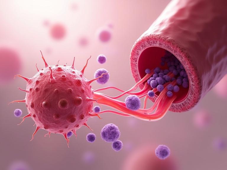 3D medical illustration of a tumor outside a blood vessel. Angiogenesis visible with new vessels connecting to blood vessel. Purple cancer cells migrating through the vessels into the bloodstream. Red blood cells flowing inside the blood vessel. Clean neutral background. Focus on tumor and blood vessel interaction. Realistic biological textures, sharp lighting.