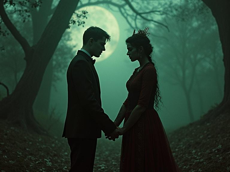 Surreal magical dystopia with a shocking dark fairytale couple in an autochrome style. A striking picture of a couple in a surreal fairytale setting with dark tones and ethereal lighting.