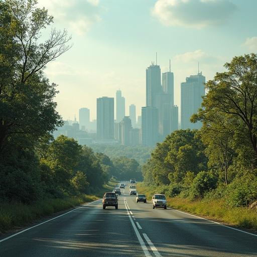 Establishing shot of a road surrounded by overgrown plants and broken-down cars. In the background, a skyline shows a partly destroyed city. The scene evokes a contrast between nature and urban decay.
