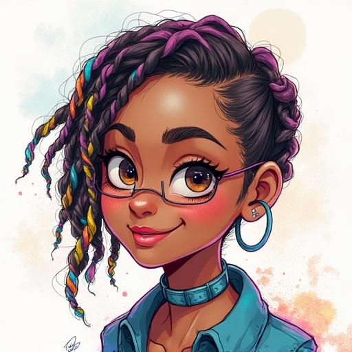 Create an image of a female character with short colorful braided dreadlocks. She has smart glasses and looks amazed while smiling. The hairstyle is edgy and glimmering. The art style resembles a glitched pencil sketch with a heavenly quality.